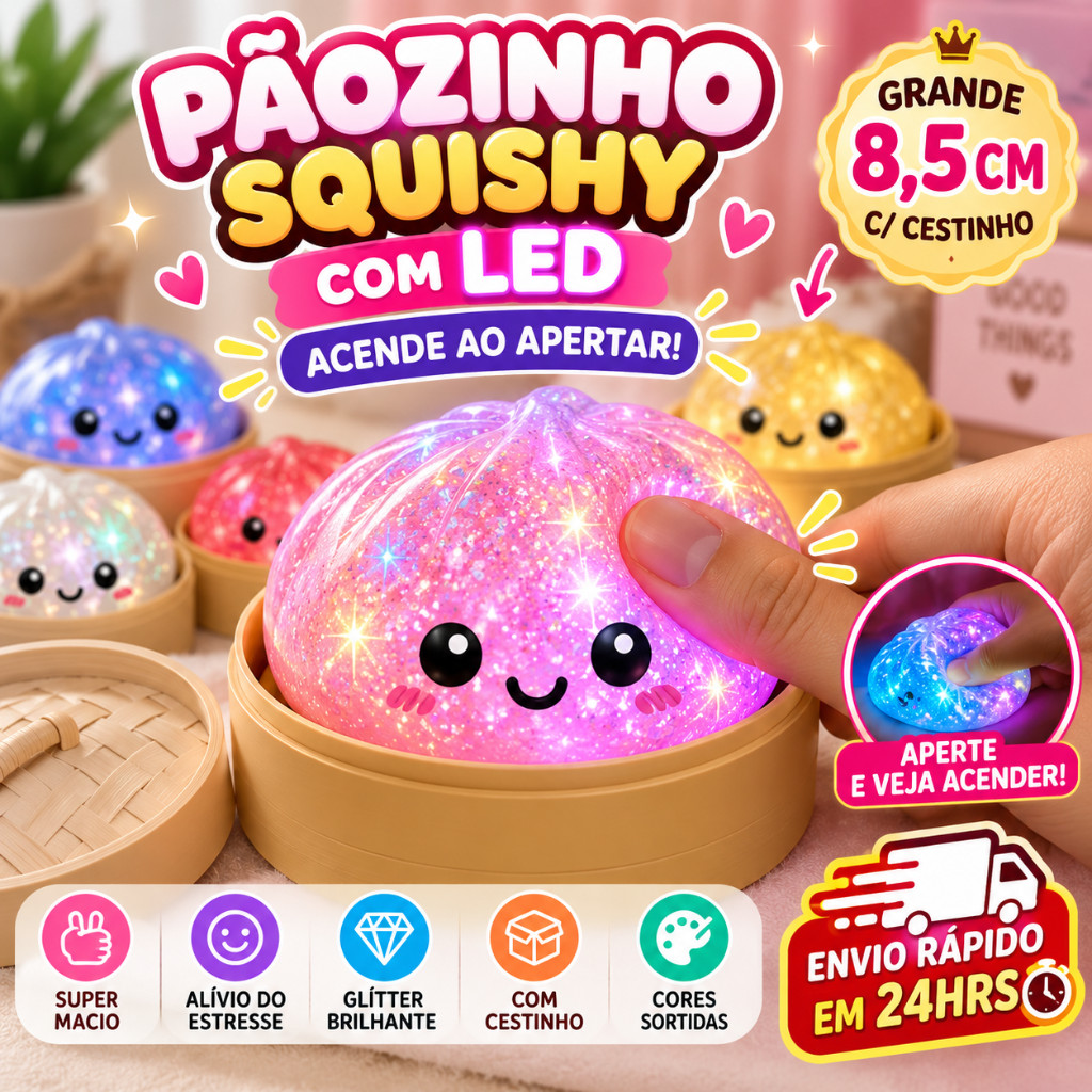Squishy Pãozinho com Luz LED Grande 8,5cm Antiestresse Brinquedo Sensorial Presente Surpresa
