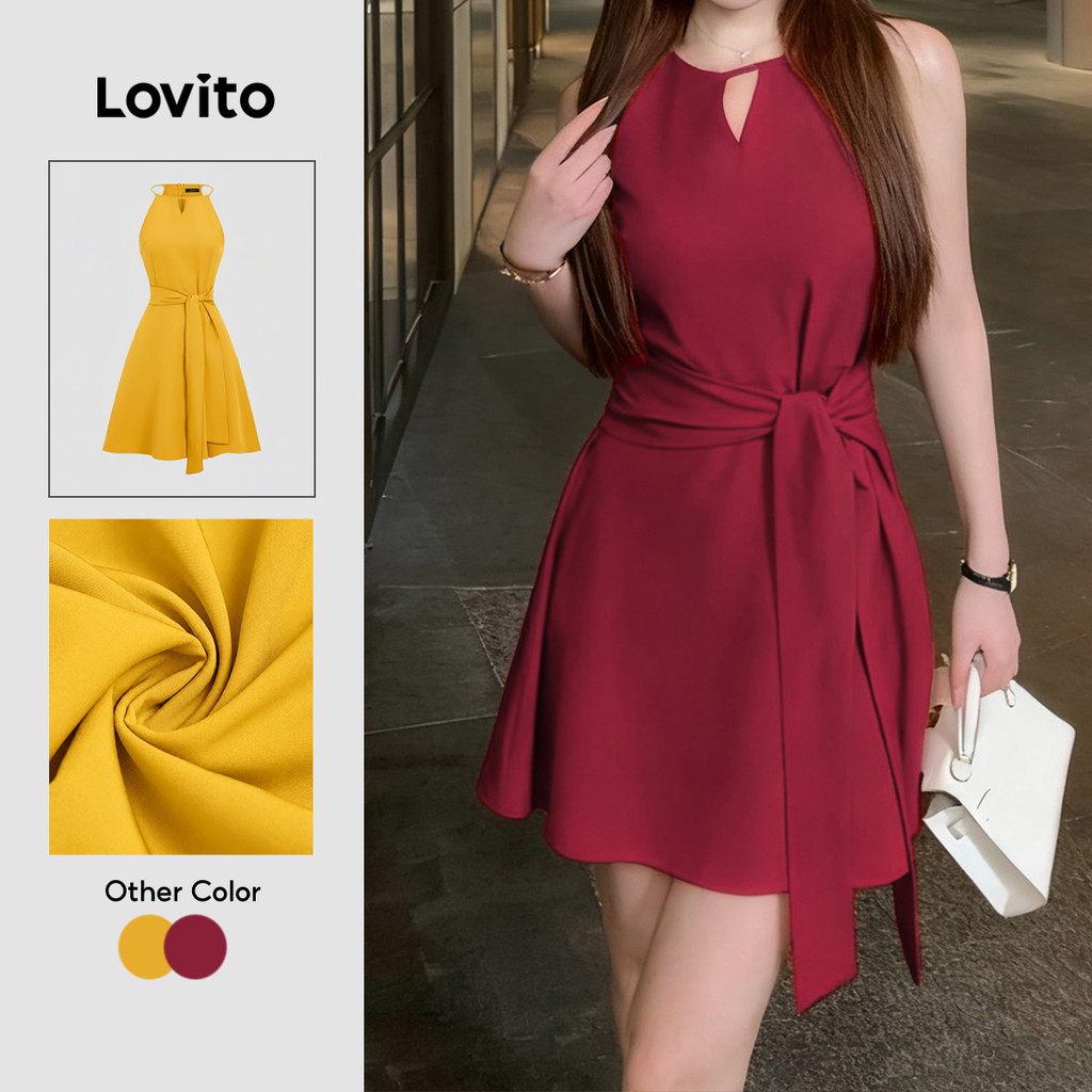 Lovito Casual Vestido de Festa Assimétrico com Amarração Aberta e Renda Primavera/verão Vermelho Vinho Bordado L155ED041