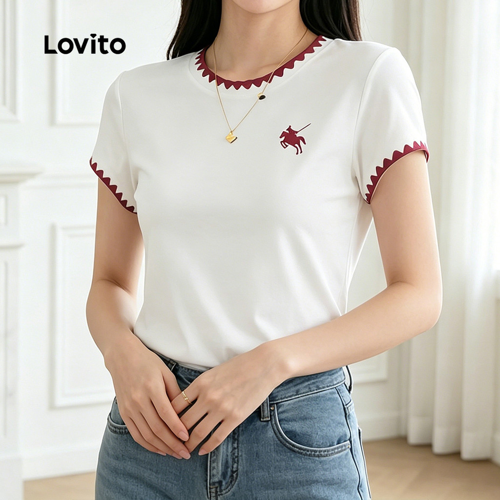 (Casual) Lovito Camiseta Feminina Primavera/verão com Borda de Contraste LK4ED1643