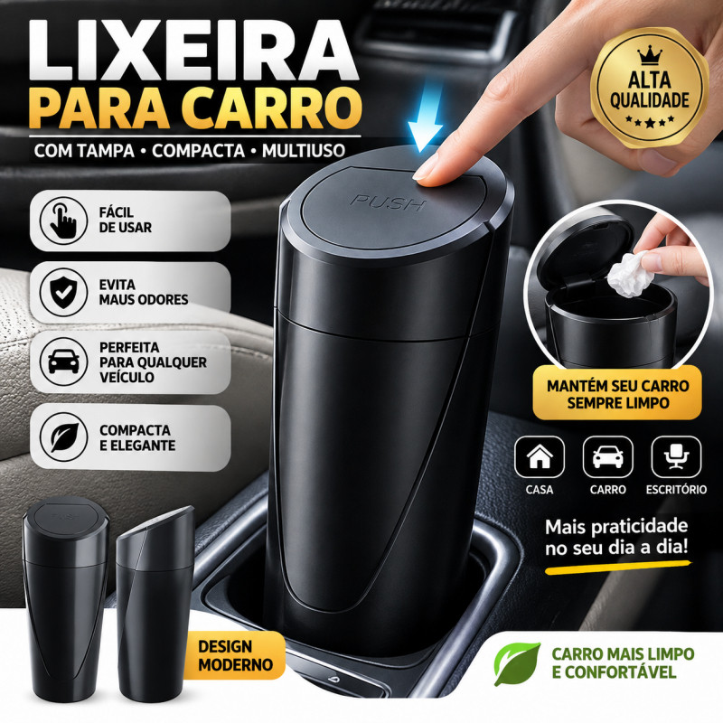Lixeira Automotiva Compacta com Tampa Push Porta-Copos Universal Geely EX2 EX5 SUV Hatch Sedan