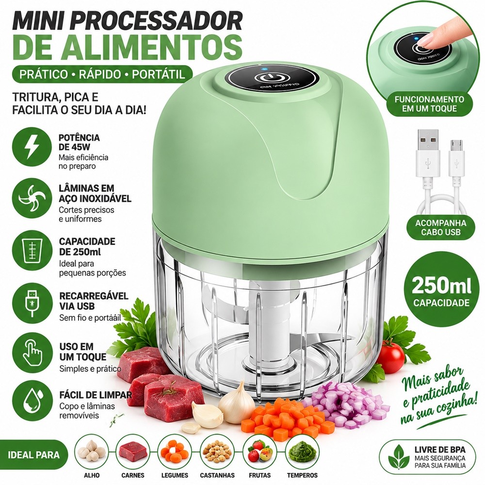 Mini Processador Triturador Sem Fio Elétrico De Alimentos Para Legumes Alho Gengibre 250ML visiontech