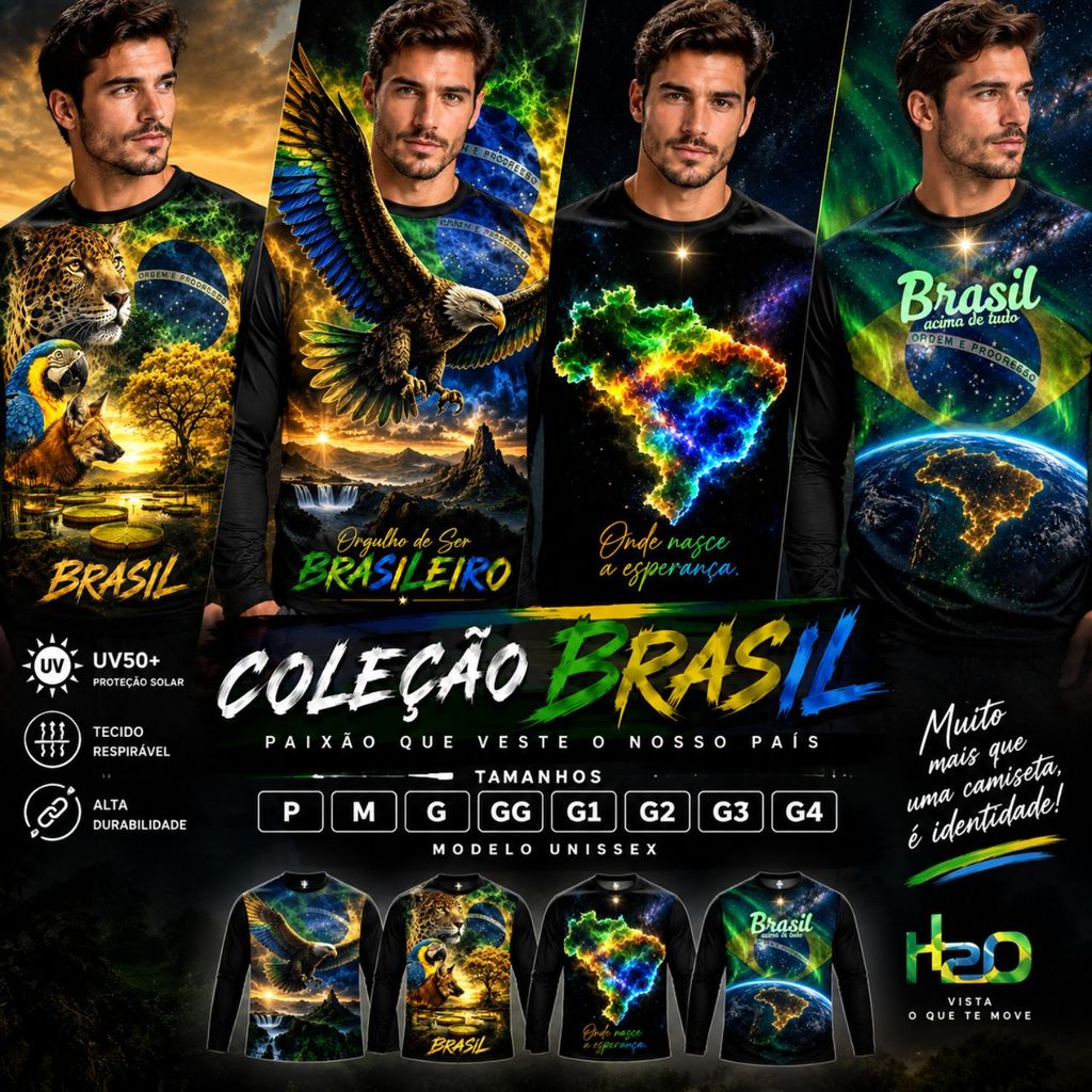 Camiseta Brasil UV50+ Manga Longa Proteção Solar Dry Fit Masculina Feminina Camisa Patriota Brasileira