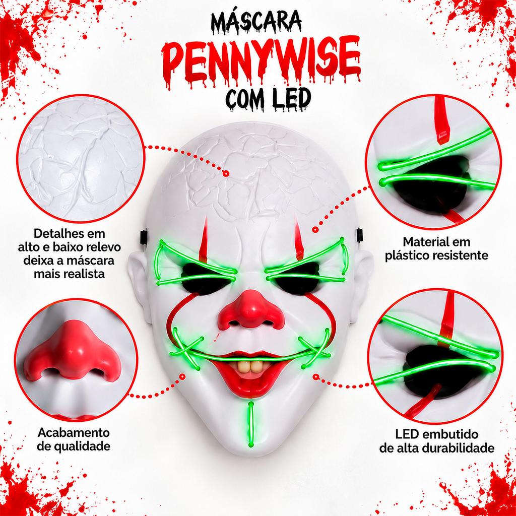 Mascara It A Coisa Pennywise LED 3 Modos Pra Fantasia Palhaço Assassino Halloween Adulto — imagem 2 de 2