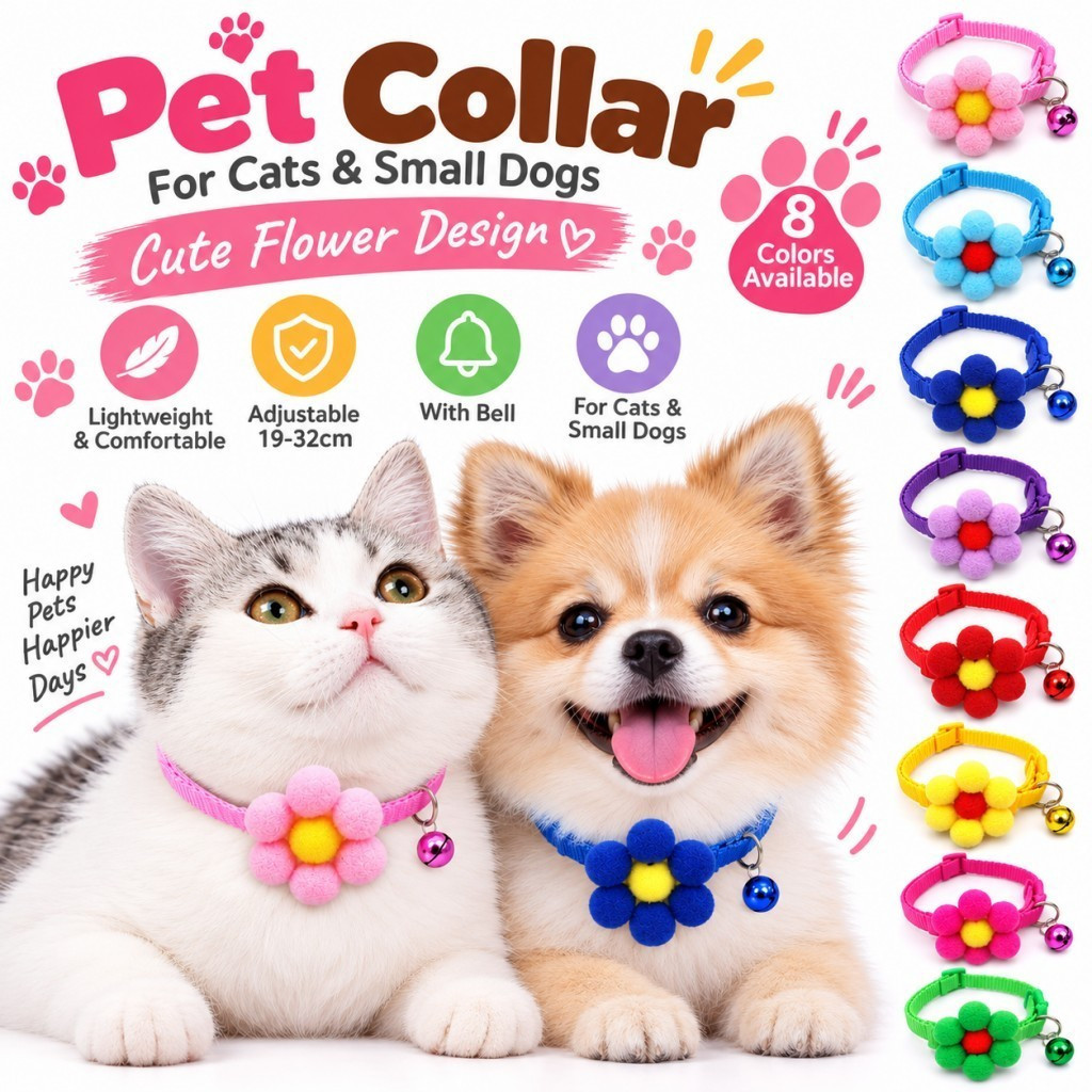 Coleira para gatos com guizo, ajustável, com design de flor, ideal para gatinhos, cachorros e cães de pequeno porte.