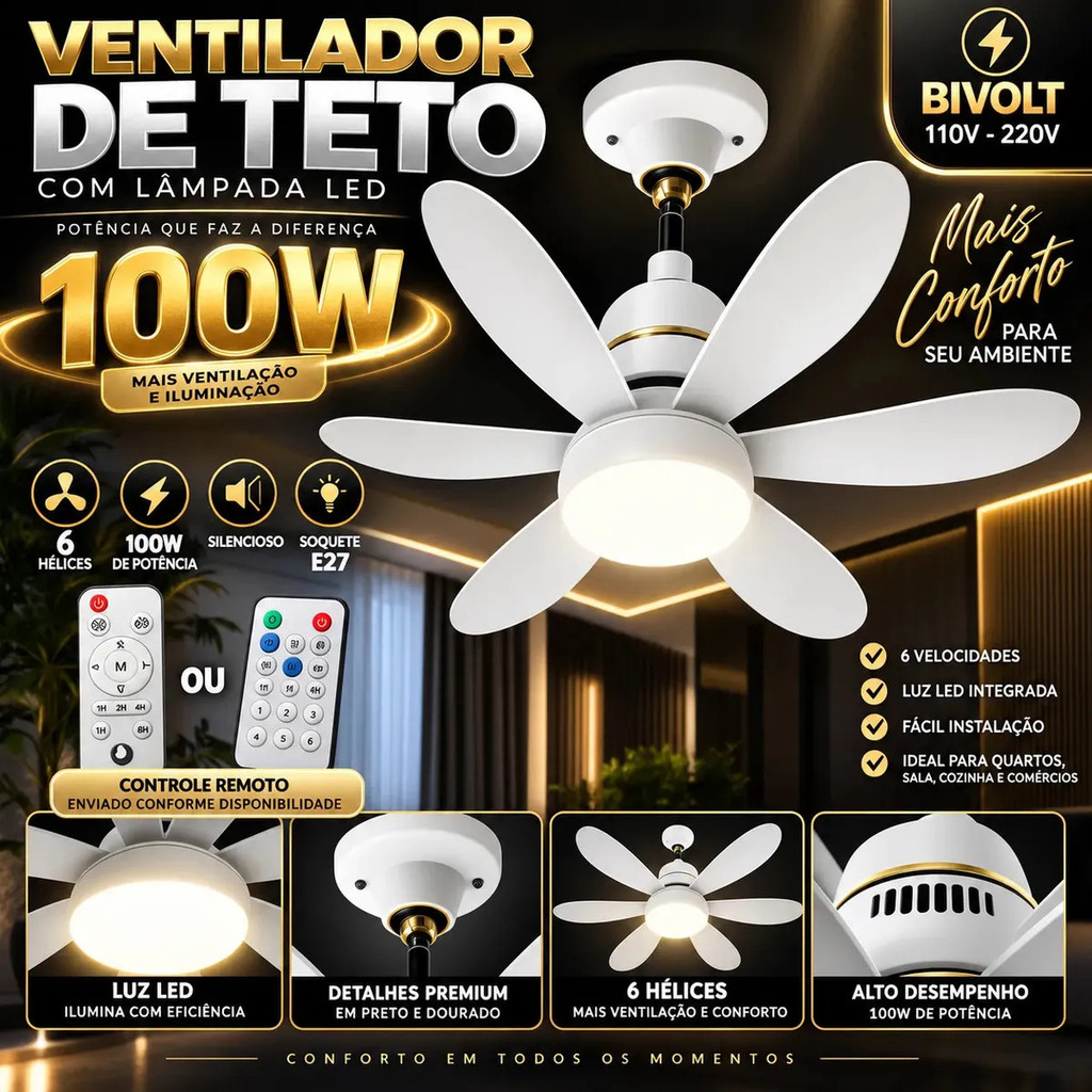 Novo Ventilador Teto 100W 6 Hélices com Controle Ajustável Bivolt E27 Lâmpada Led Silencioso