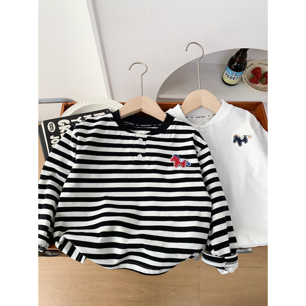 Meninos puro algodão de manga comprida camiseta primavera outono moda listrado camisa de fundo All-Match 2026 crianças C