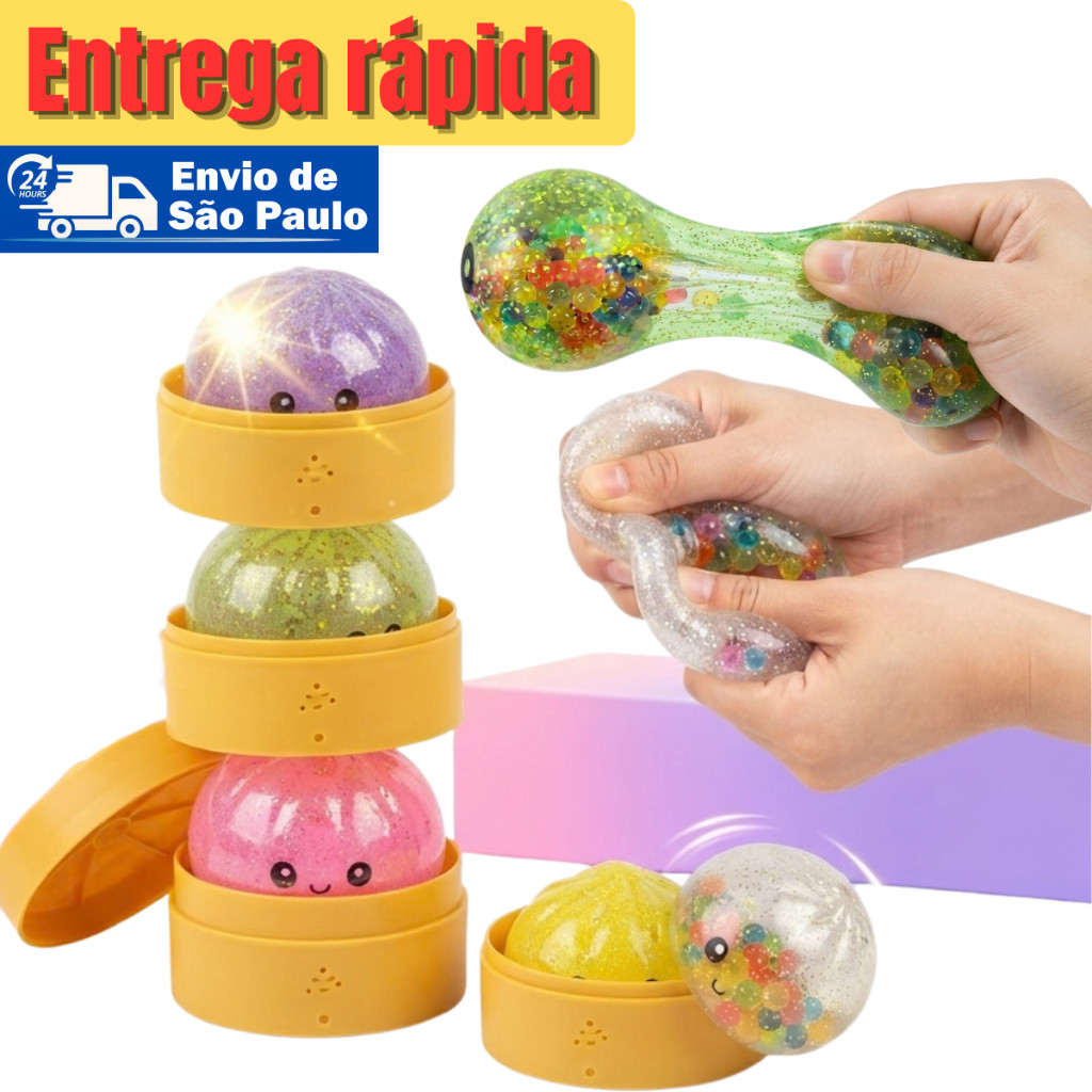 Squishy Pãozinho 8 5cm Pérolas Coloridas Glitter Anti Stress TPR Seguro Livre BPA Alívio Ansiedade