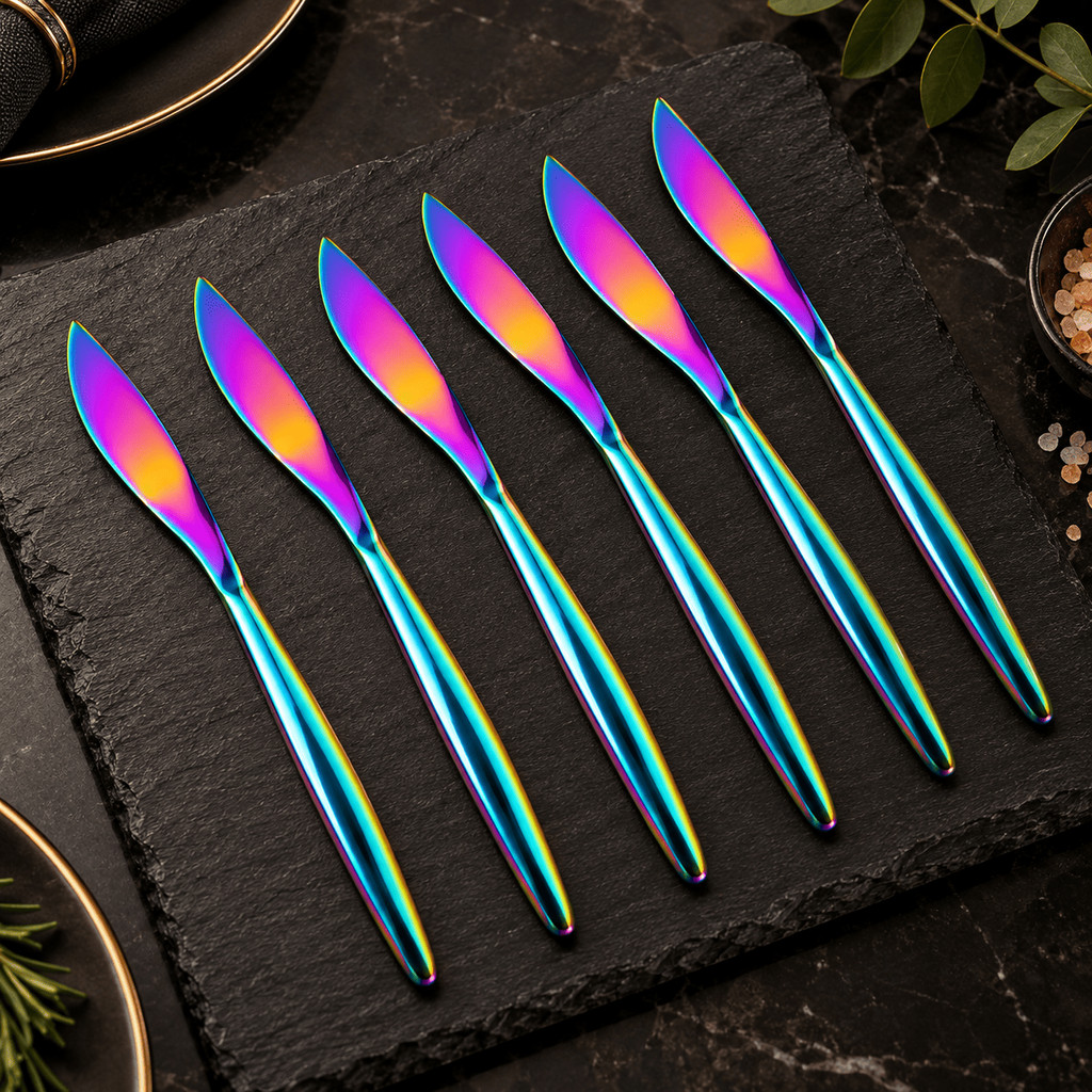 Faca Mesa Furta Cor Kit 6 Aço Inox 18/10 Talher Jantar Colorida Rainbow Espelhada Refeição