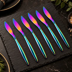 Faca Mesa Furta Cor Kit 6 Aço Inox 18/10 Talher Jantar Colorida Rainbow Espelhada Refeição