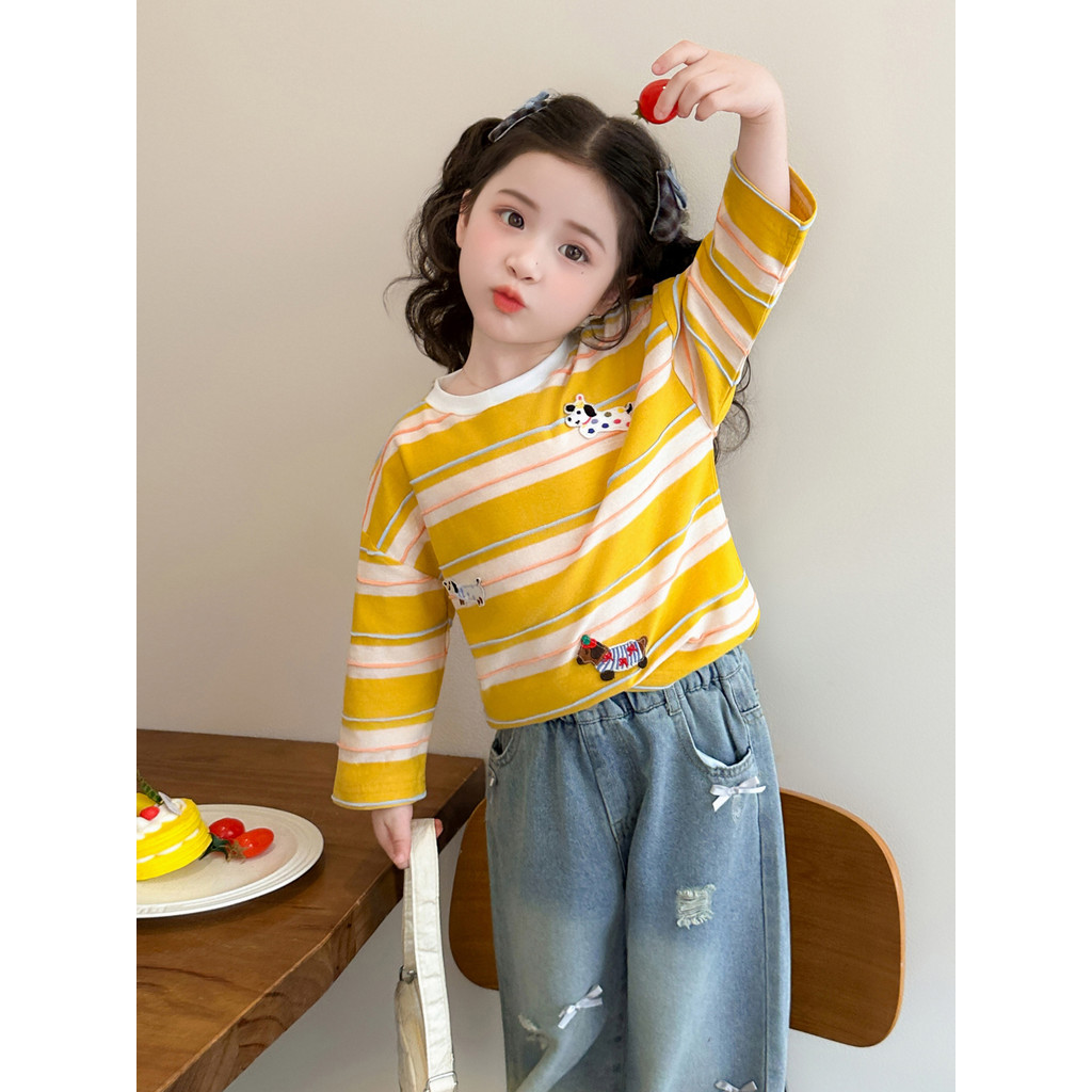 Meninas listrado camiseta primavera 2026 novo estilo crianças dos desenhos animados filhote de cachorro topo menina bebê