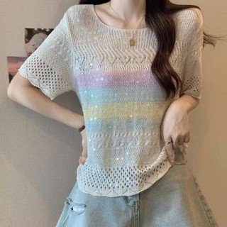 Dopamina arco-íris listras crochê oco malhas brilhantes de manga curta feminina 2026 verão moda topo camisa pequena