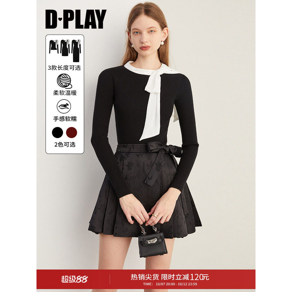 DPLAY Outono Francês Preto Malha Camisa de Fundo Contraste Cor Bowknot Elegante Suéter Elegante All-Ma