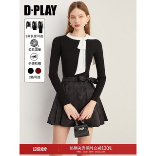 DPLAY Outono Francês Preto Malha Camisa de Fundo Contraste Cor Bowknot Elegante Suéter Elegante All-Ma