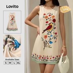 (New Arrival) Lovito Vestido Feminino Casual Curto E Evasê Com Estampa Floral Floral Para Primavera Verão Br Férias Feriados E Fins De Semana Praia Primavera DRB40BR027