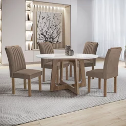 Conjunto Sala de Jantar Mesa Redonda 4 Cadeiras Tampo de Vidro Arizona Chocolate/Off White/Bege