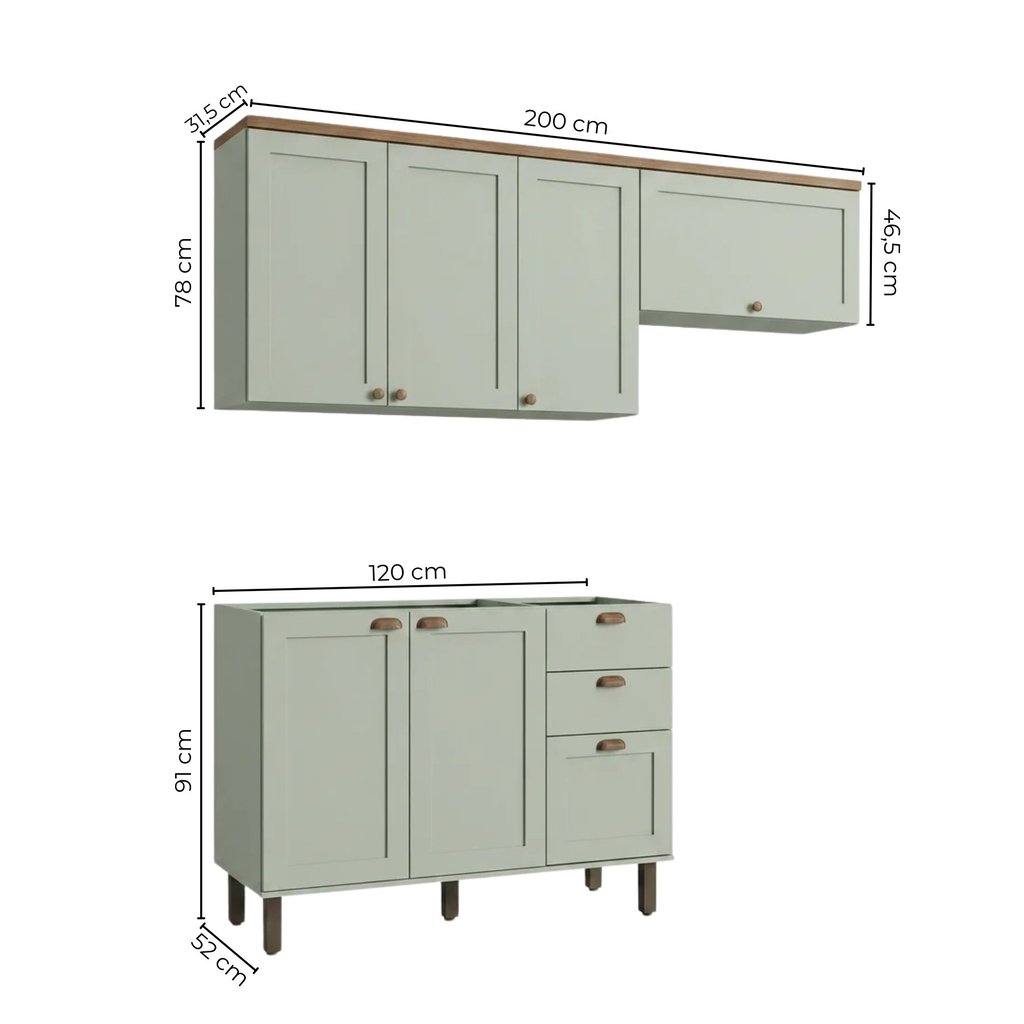 Cozinha Compacta Modulada 3 Peças 100% MDF 2 Armários Aéreos e Balcão para Pia sem Tampo Iluminata Verde Mint Verde · foto 2