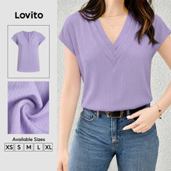 Lovito Blusa Roxa Feminina De Trabalho Primavera/Verão Manga Curta Decote V Colarinho Contrastante Plissada BLB202P2D652