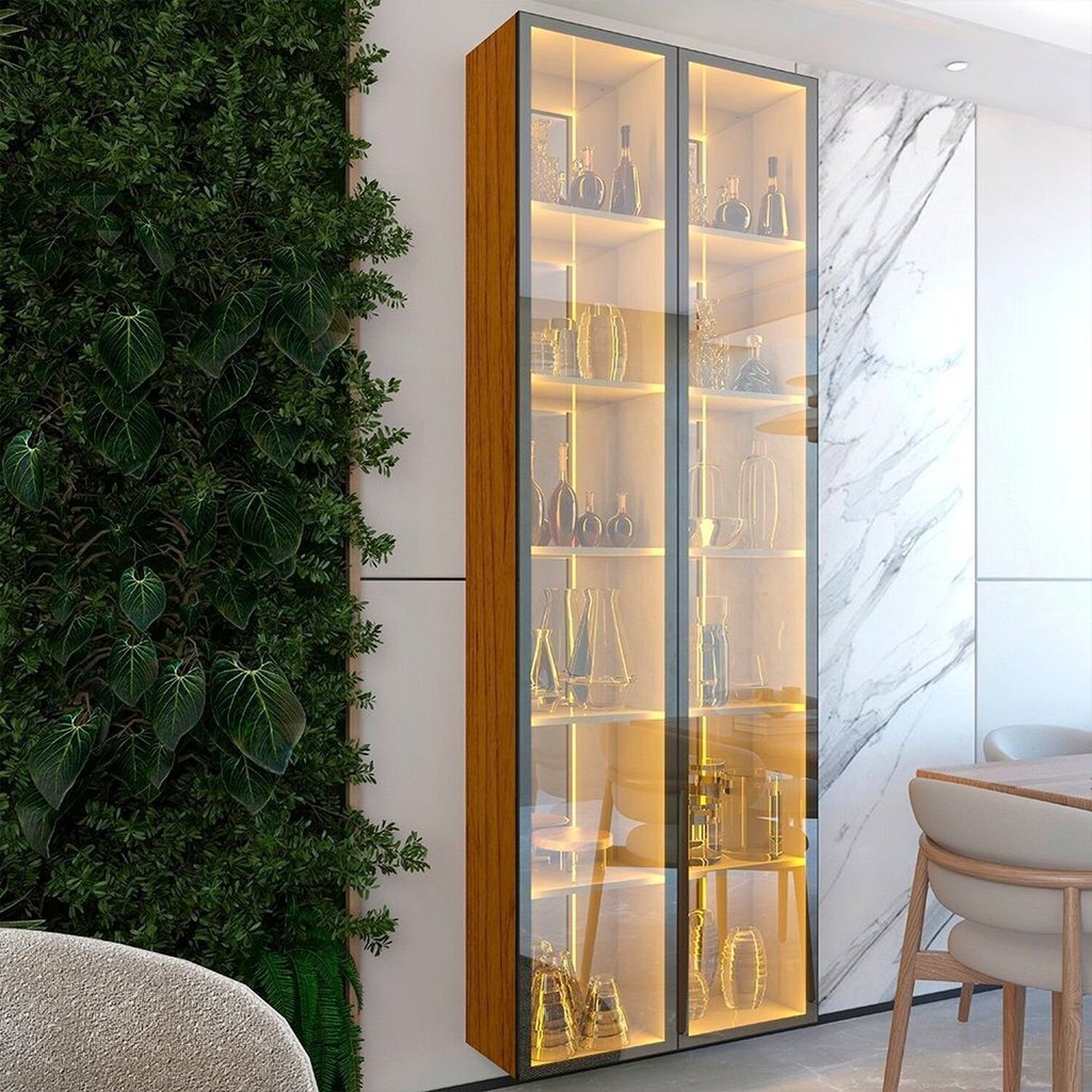 Cristaleira Suspensa 2 Portas de Vidro Reflecta com LED 217cm 100% MDF Luminare Marrom/Marrome Naturale
