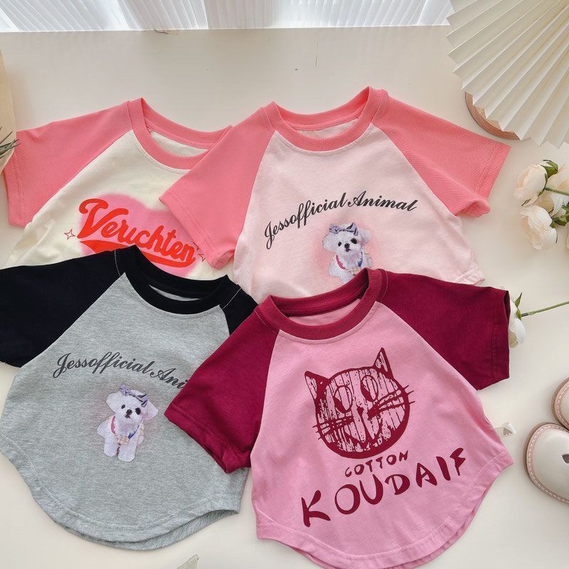 2024 verão meninas camiseta de manga curta versão coreana bonito impresso dos desenhos animados crianças moda contraste 