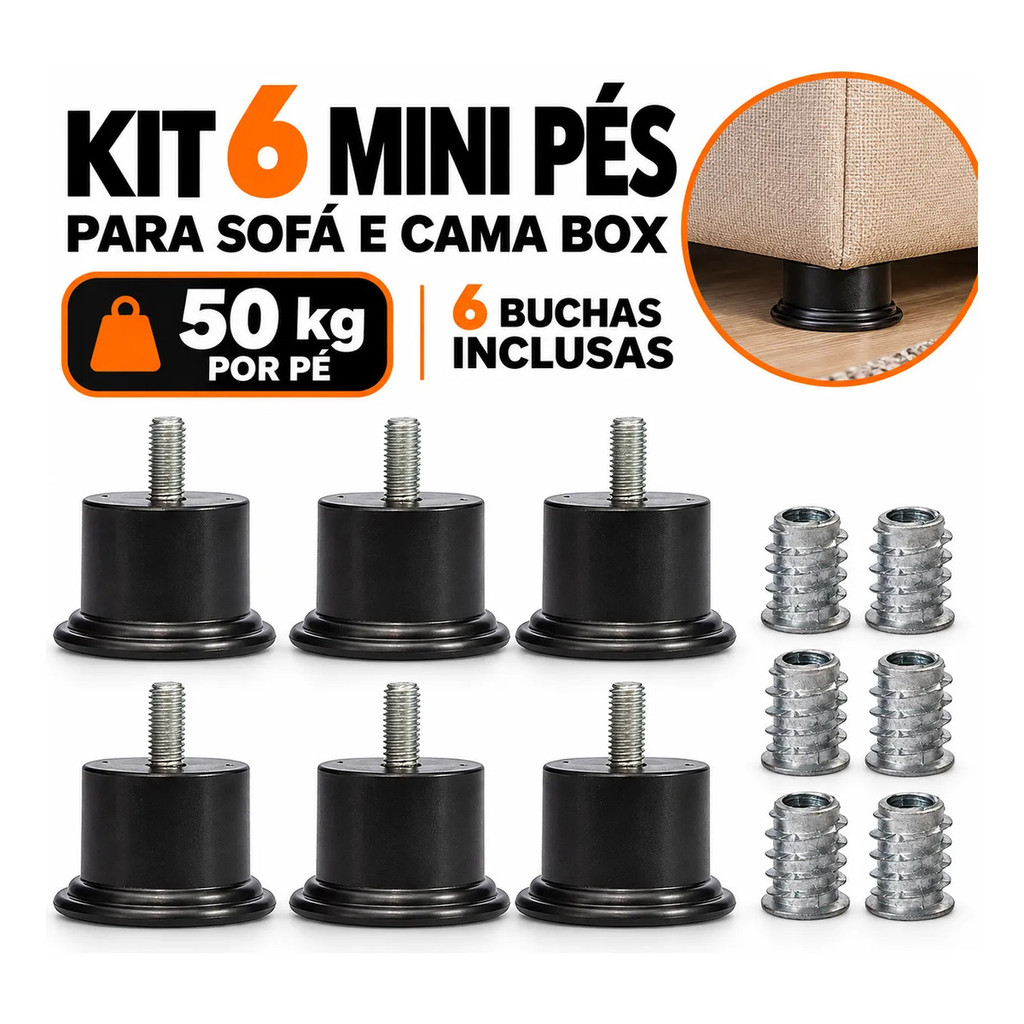Kit 6 Mini Pé Preto Cama Box Casal Solteiro Baú Baixo 3,5cm