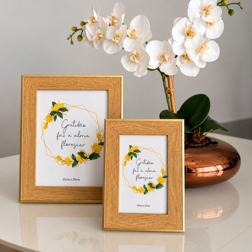 Kit 2 Porta-Retratos Decorativos Dourado Madeira para Fotos 15x20 e 10x15 cm Elegante para Sala e Quarto com vidro