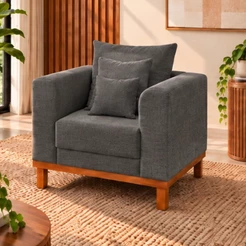 Poltrona Sala Premium Beny Linho Cinza Com Almofadas Decorativas Madeira Estofados