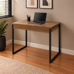 Escrivaninha Mesa Escritório Kuadra 2 Gavetas 90cm Estrutura Industrial Preto Marrom/Lâmina Mel Lâmina Mel