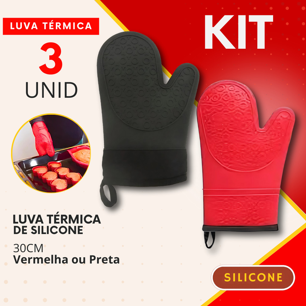 Luva Termica de Silicone Kit 3, 2 ou 1 Peça Cozinha Forrada Antiderrapante