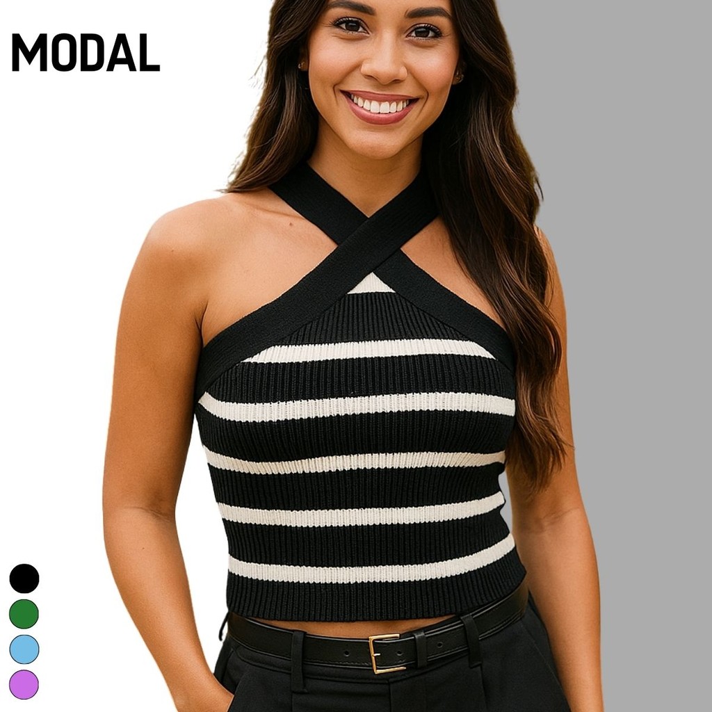 Blusa Cropped Feminina Tricot Modal Listrado Decote Cruzado Casual Estiloso