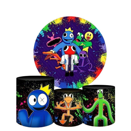 Kit Painel Redondo  + Capas Cilindro Tecido Sublimado Rainbow Friends Azul Babão