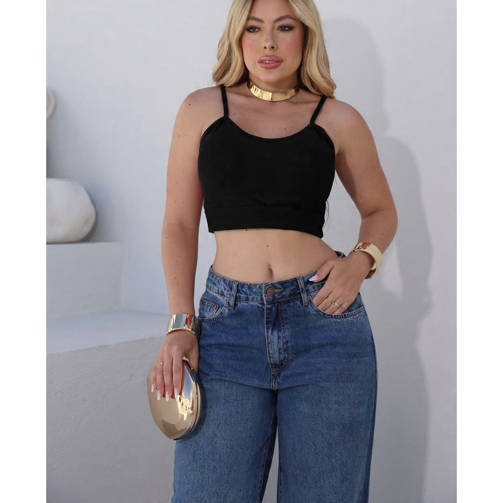 Blusa cropped moda feminino canelado alça fina regata blog elegante