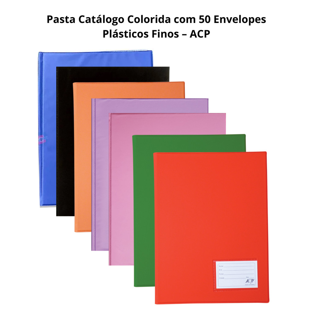 Pasta Catálogo Colorida com 50 Envelopes Plásticos Finos – ACP em Oferta na Shopee