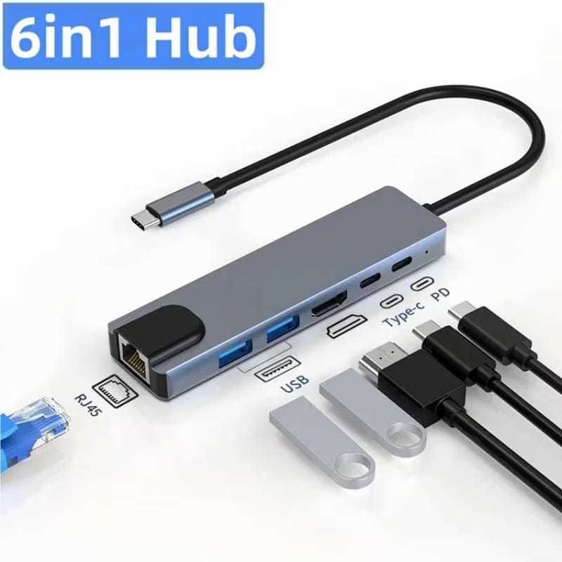 Adaptador 6 Em 1 Type C Hub USB HDMI RJ45 Para Laptops E Computadores Imperio