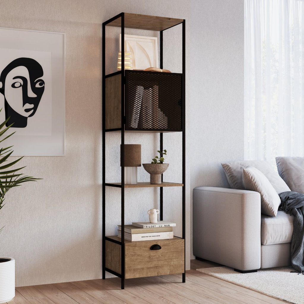 Estante para Livros Industrial Retrô Alta 1 Porta 1 Gaveta Madeira/Aço 180x46,5cm York Vermont/Preto