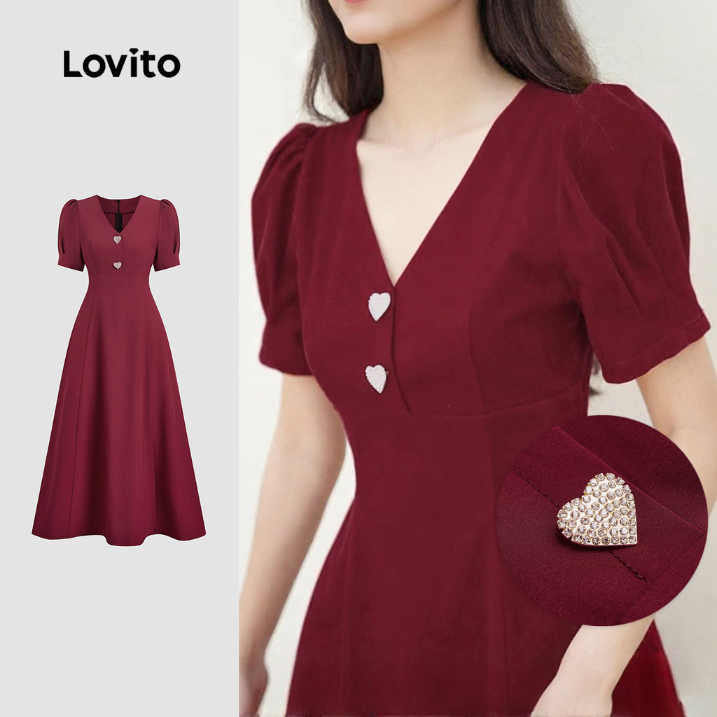 Lovito Vestido Glamoroso Natal Festa Botões Bloco de Cores Zíper Primavera/Verão Vinho Vermelho Mulheres L154ED090