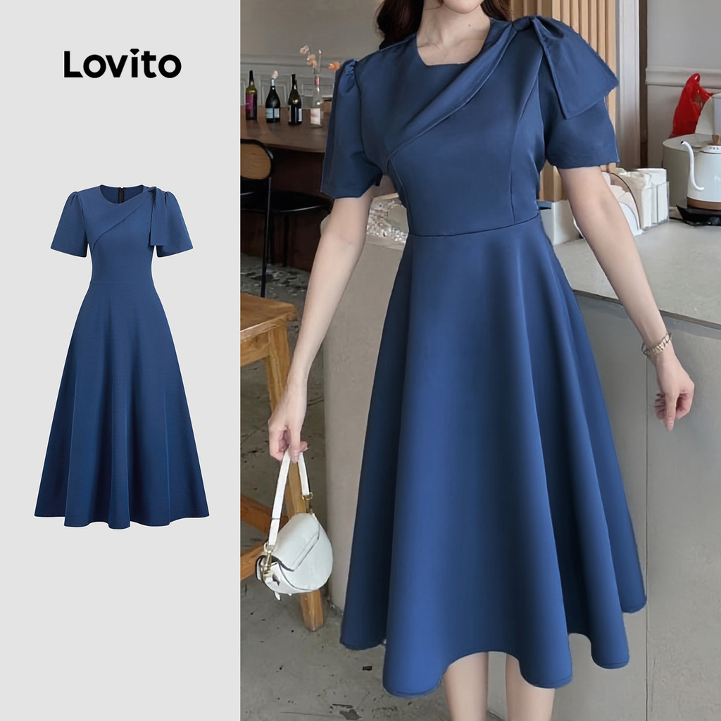 Lovito Vestido Elegante Assimétrico com Laço Na Frente e Fecho Primavera/verão Vestido azul L154ED1176 em Oferta na Shopee
