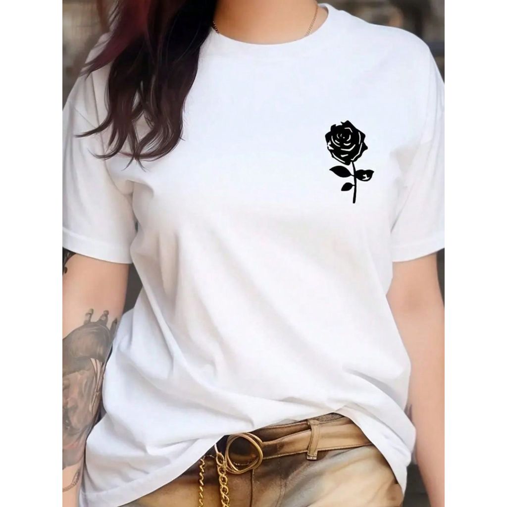 T-Shirt Feminina Rosa Camisa Moda Casual Dia a Dia Gola Redonda Algodão