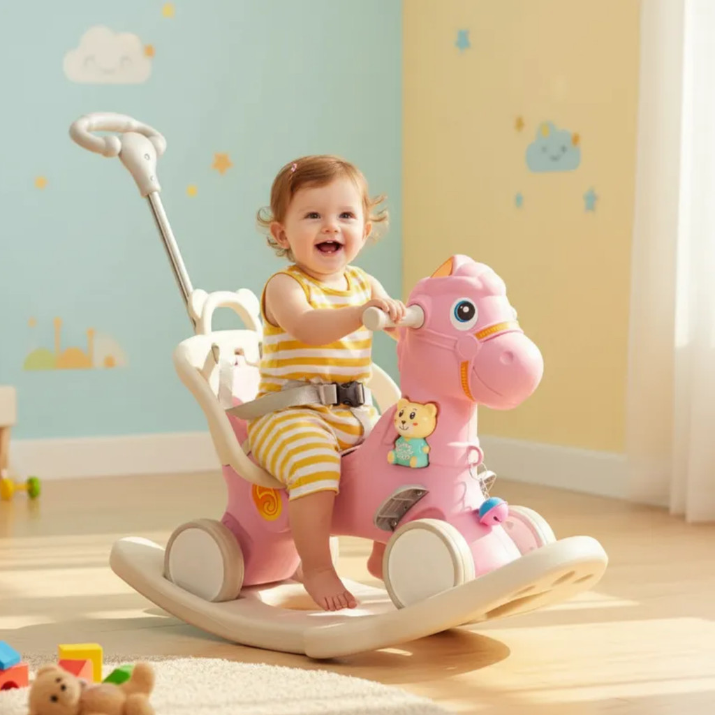 Cavalinho 2 em 1 Balanço e Carrinho de Passeio com Empurrador Rosa Brinquedo Menina Criança