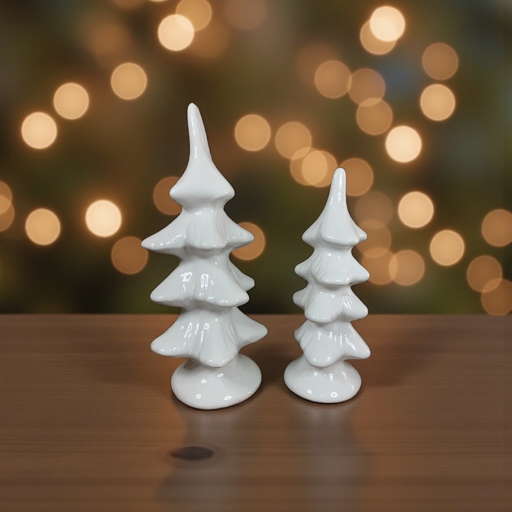Kit Pinheiros Brancos Para Enfeite de Natal 2uni Feito de Cerâmica