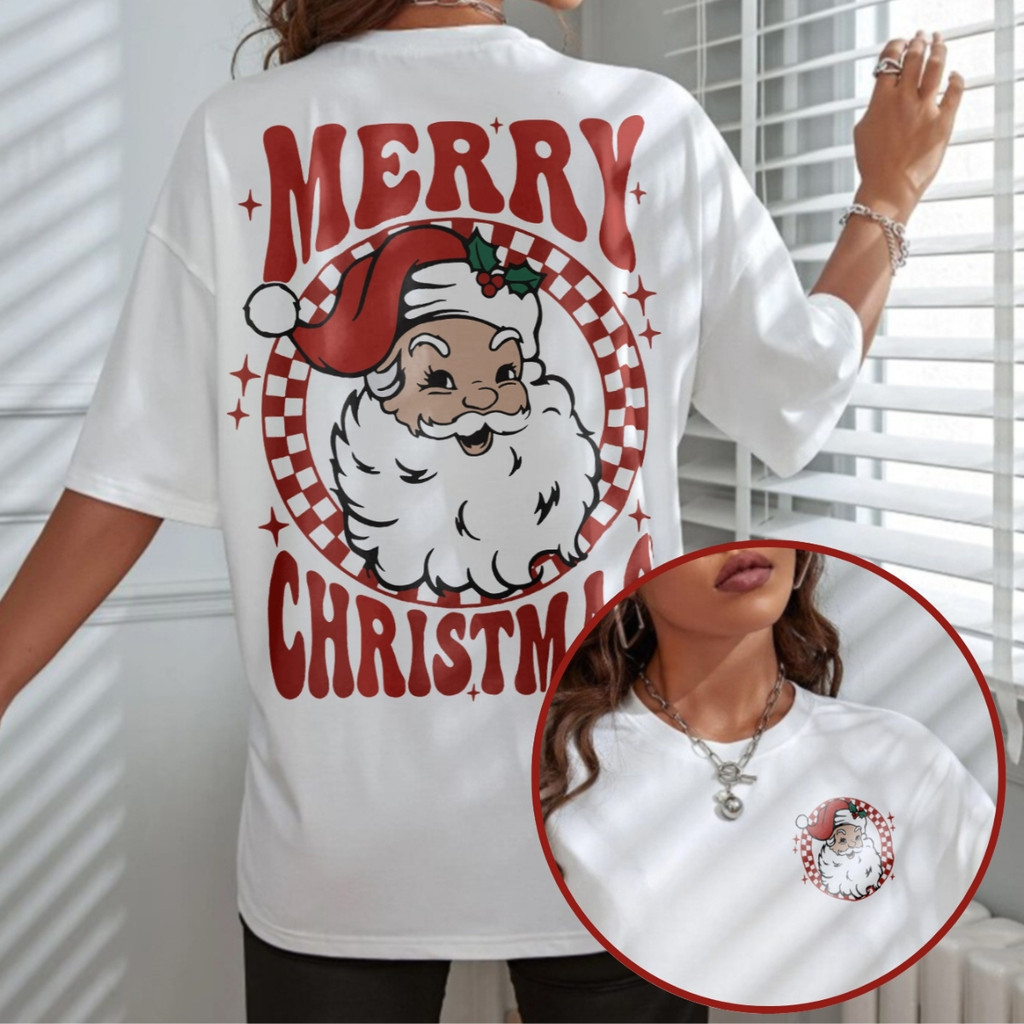 [Camiseta Premium em Algodão Puro]SISI Camiseta Feminina Oversized Natal Estampa Natalina 100% Algodão Streetwear