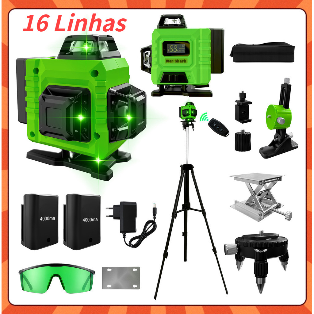 Nível Laser 16 Linhas Verde Profissional Com 2 Baterias Com tripé profissional+ Maleta