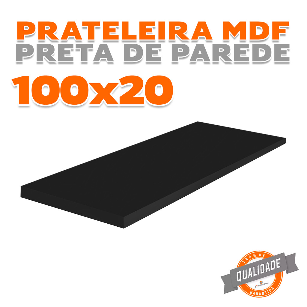 Prateleira Preta De Mdf Com 100x20cm Suporta Até 14kg
