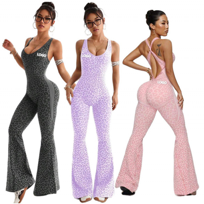 Imagem Macacão de Yoga Sem Costura com Estampa de Leopardo e Costas Cruzadas para Mulheres, Fitness, Esportes, Roupas Casuais