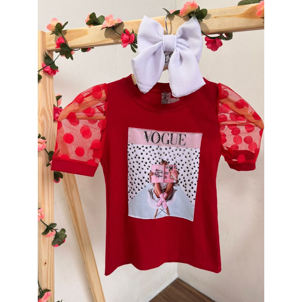 blusa t-shirt infantil verão vermelha tule tamanho 6  manga curta com aplique na frente