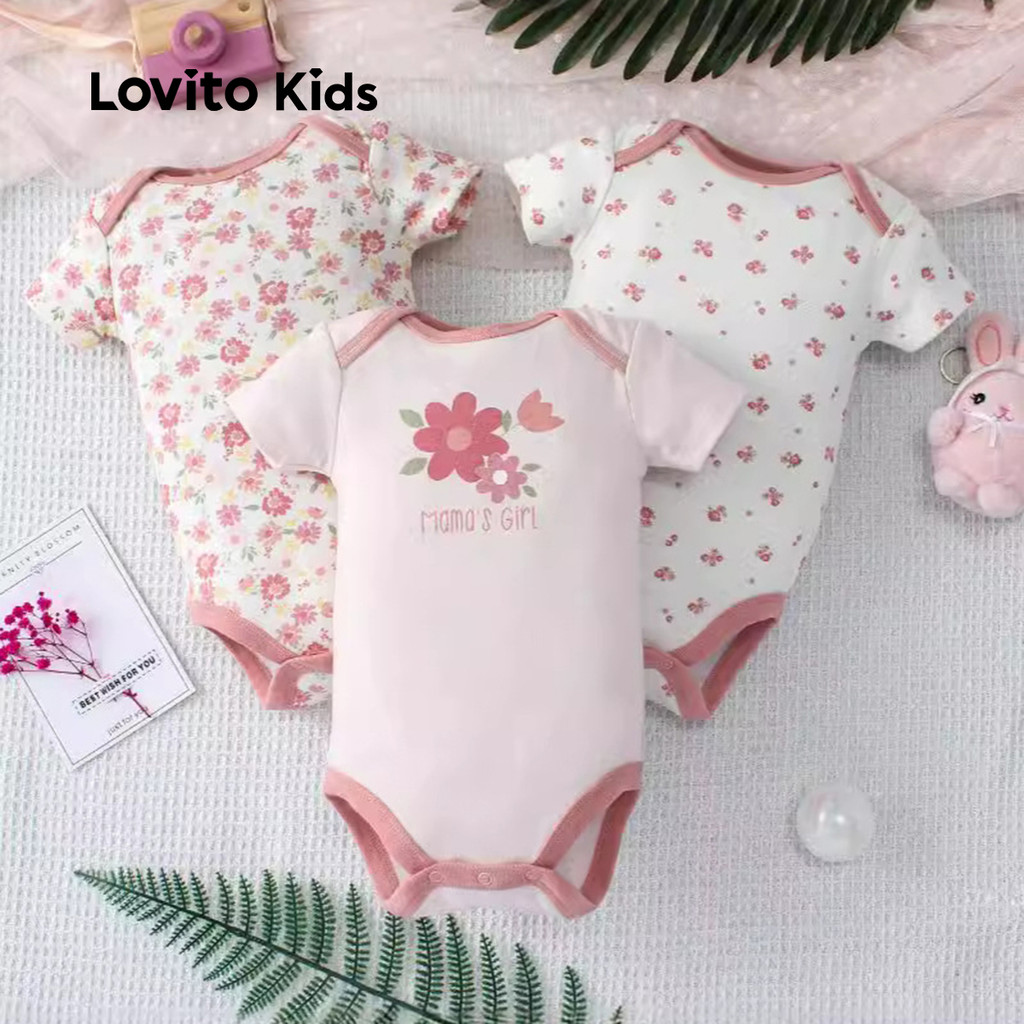Lovito Conjunto Infantil Fofo De 3 Peças, Body Com Ligação Contrastante, Primavera/Verão Para Bebê LNL106152 em Oferta na Shopee