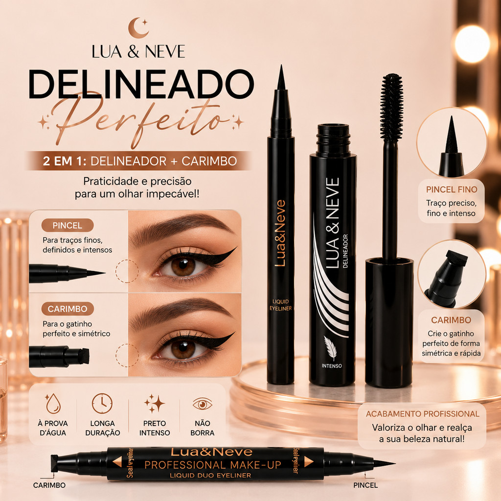 Kit Máscara de Cílios Super Preta + Delineador PINCEL PRETO OU MARROM Lua & Neve Profissional Longa Duração
