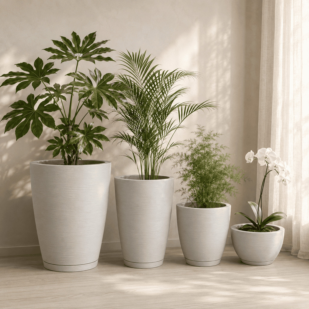Conjunto 4 Vasos para Plantas Polietileno Premium Texturizado Escovado Jardim Interno Externo