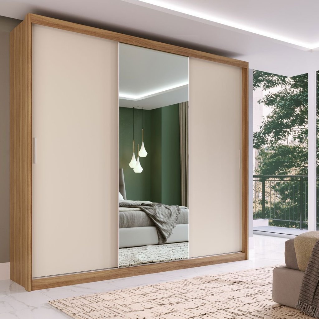 Guarda Roupa Casal com Espelho 3 Portas de Correr 100% MDF London Yescasa Off White