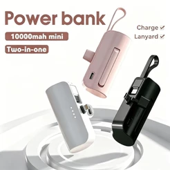 Power Bank Mini 10000mAh para Viagens Recarga Sem Fio e Cabo iPhone e Tipo-C 2em1