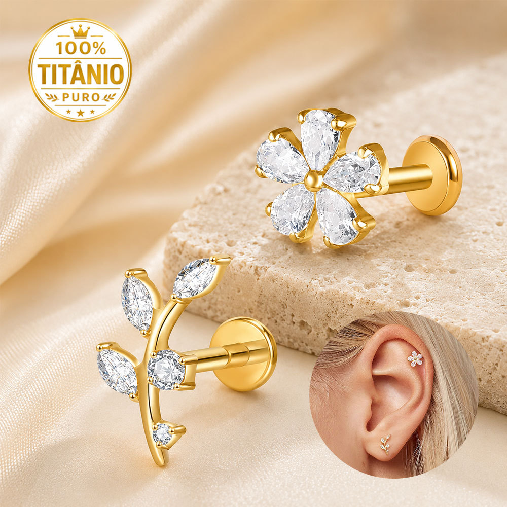 Piercing Labret em Titânio com Zircônia Flor e Folha para Hélix, Tragus, Conch, Nariz e Medusa